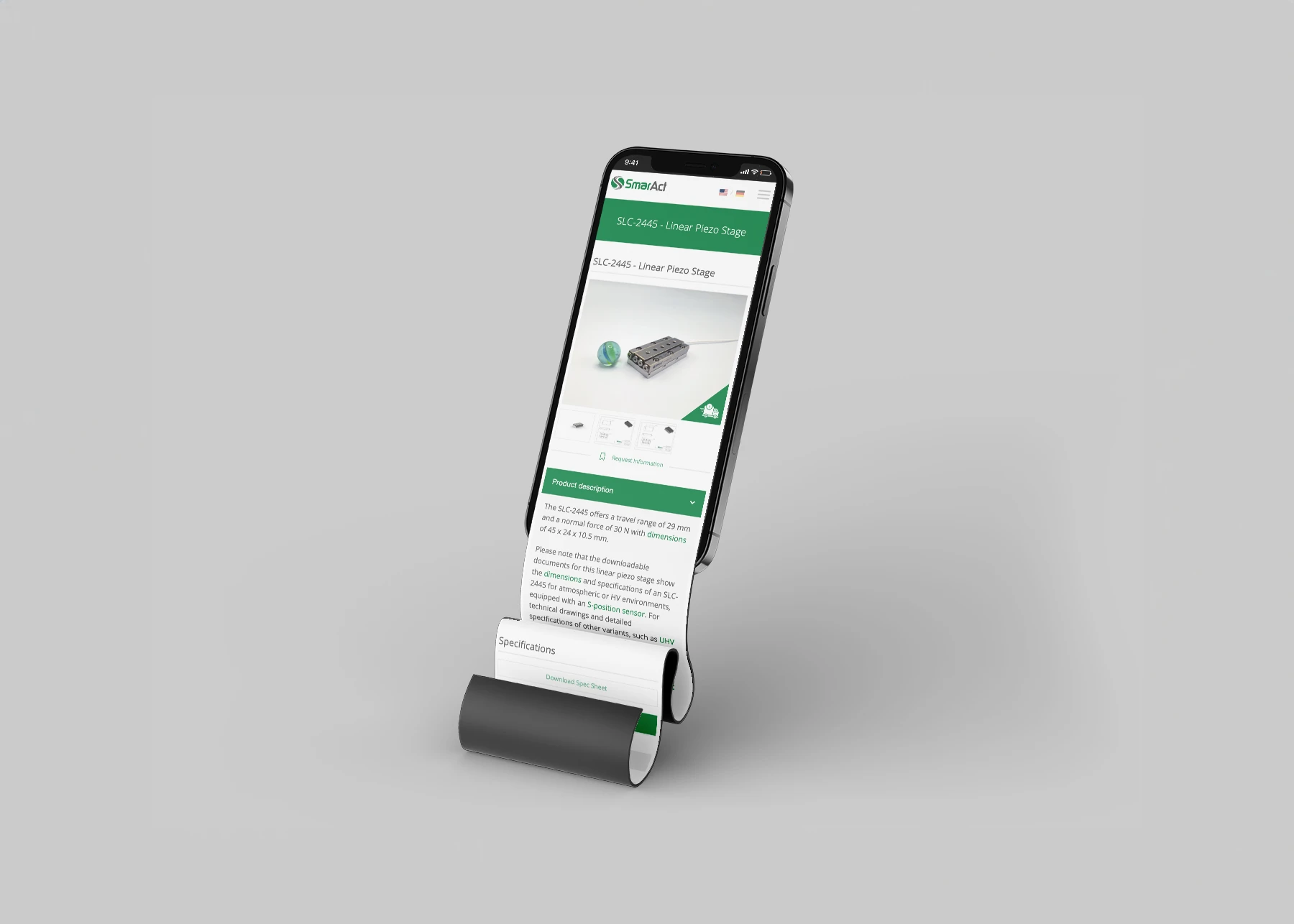 Preview of the SmarAct product page on mobile device.